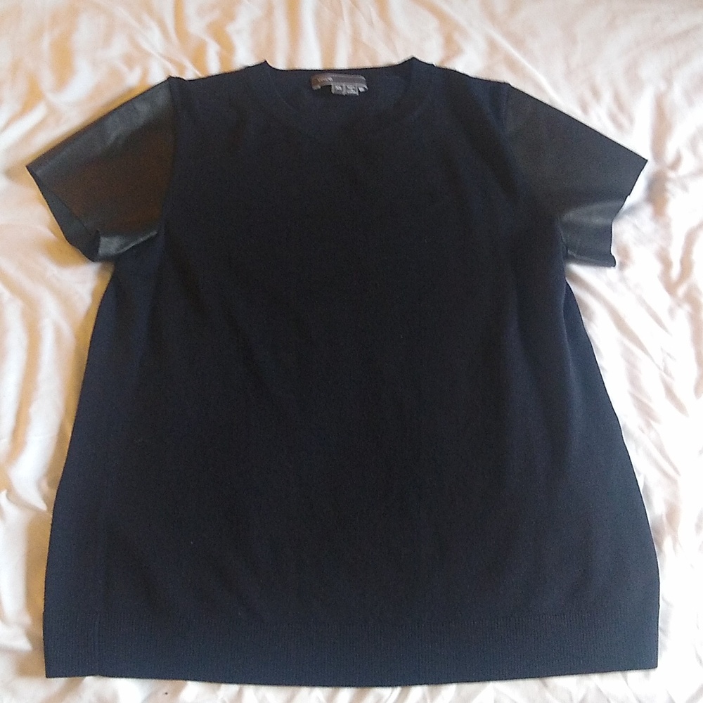 Vince Lamb Leather Short Sleeve Top navy and black xs